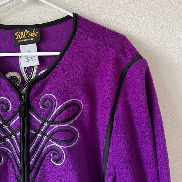 Bob Mackie Wearable Art Sz 1X Fleece Jacket Womens Embroidered Full Zip Purple - Picture 2 of 6